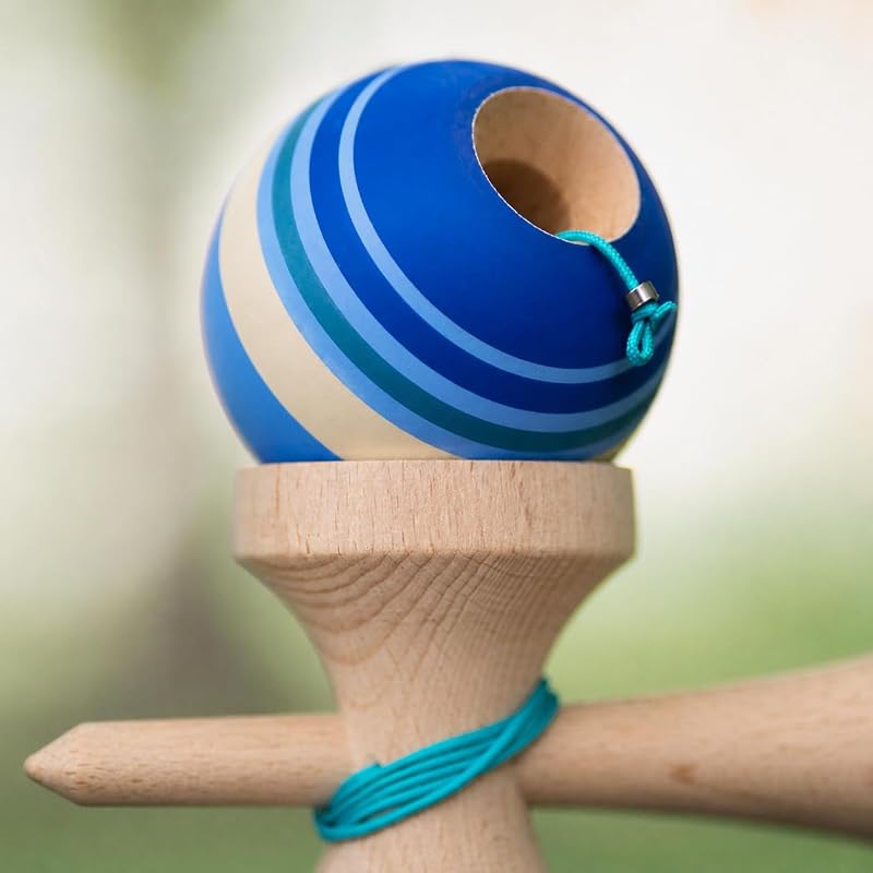 Kendama Beech Wood Skill Toy with Retro Stripe Ball Design - Ocean Breeze Variation