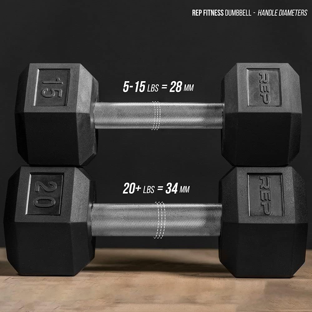 Rep Fitness Rubber Hex Dumbbells - Low Odor, Fully Knurled Handle | Singles (55LB+) & Pairs (5LB-50LB)