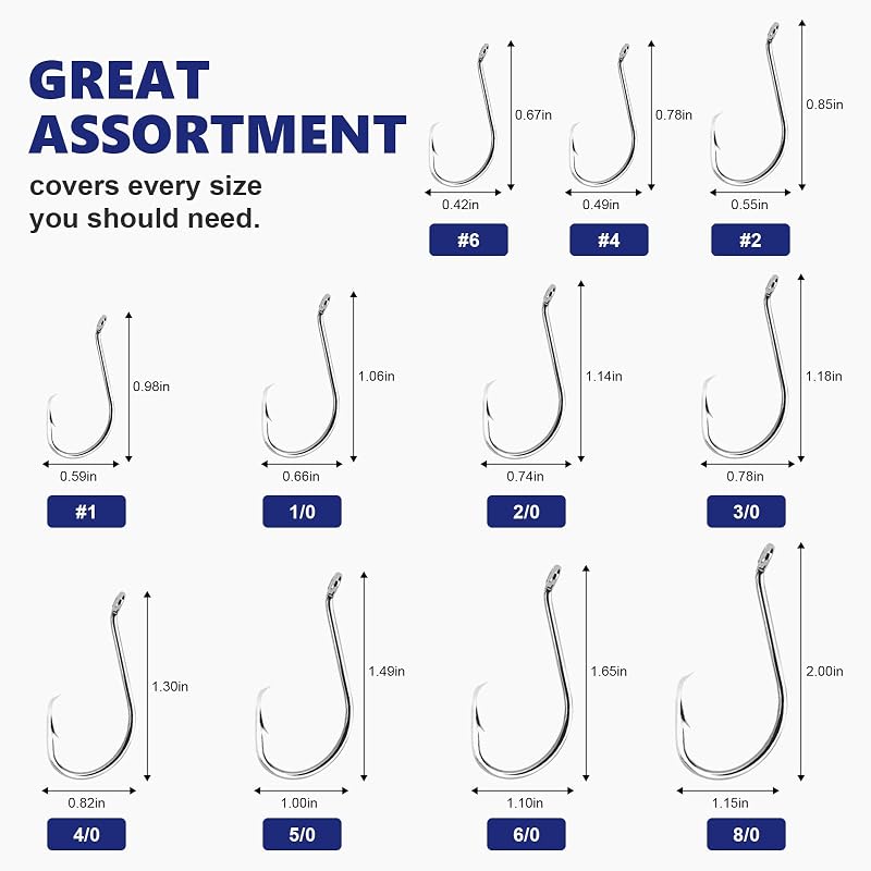UCEC Circle Hooks Saltwater Fishing Hooks - 240 Pcs Assortment 11 Sizes #6 to 8/0 for Catfish & Octopus