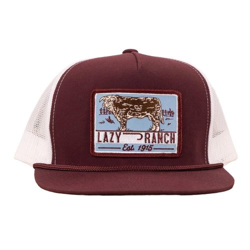 Lazy J Ranch Maroon & White Blue Bull Trap Patch Classic Five Panel Rope Trucker Hat - Adjustable Unisex Country Hats, Vintage Trucker Hat