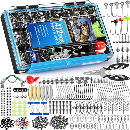 472PCS Fishing Accessories Kit Waterproof Tackle Box with Tackle - Fishing Gifts for Men - Hooks, Weights, Pliers, Fishing Gear