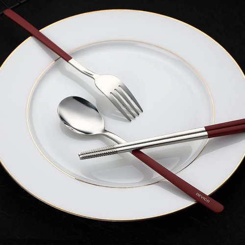 DEVICO Travel Utensils Set - 18/8 Stainless Steel 4-Piece Cutlery with Case | Portable Red Flatware