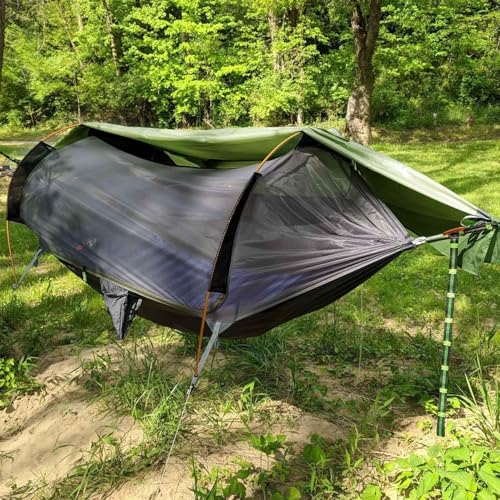 Rivenlo Camping Hammock Tent with Mosquito Net & Rainfly - Dark Green, 3-in-1 Waterproof Portable Sleep System