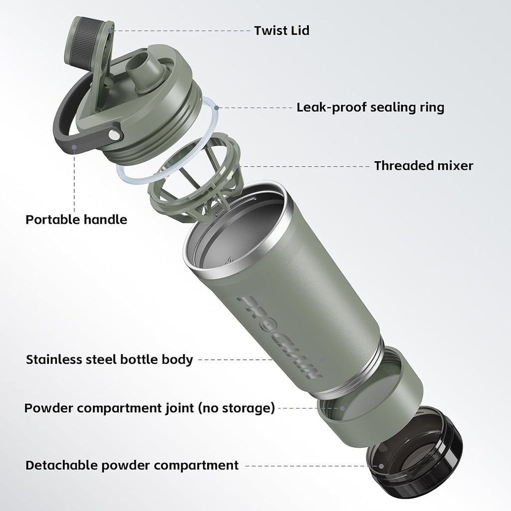 PROCHAIN Insulated Stainless Steel Shaker Bottle - Leak-Proof Twist Lock Lid, 24 oz for Protein Shakes & Gym Use