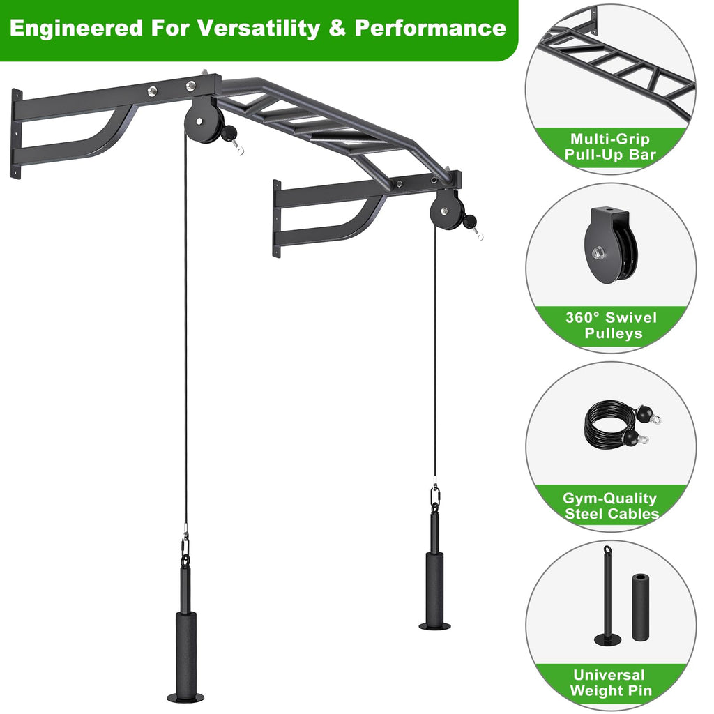 SELEWARE 48" Wall Mount Pull Up Bar with Pulley System, Heavy Duty Multi-Grip Chin Up Bar for Home Gym, 500 lbs Capacity, Fits 16" & 24" Wood Studs, Upper Body Workout Equipment for Strength Training