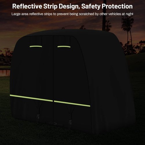 Golf Cart Cover Fits EZGO, Club Car, Yamaha Most 4 Passenger/ 2 Passenger Golf Cart, Upgrade Reflective Strips/ Two Windproof Straps/ Three Sides Zipper Opening/ Four Air Vents, All Weather Protection