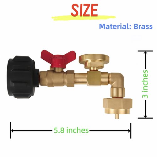 Shrandi Propane Refill Adapter with Valve and Gauge, Fill 1 lb Bottles from 20lb Tank, 90-Degree Elbow Design, Solid Brass Fits QCC1/Type1 to 1 lb Disposable Cylinders, Includes Sealing Tape