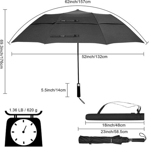 G4Free 62-Inch Portable Golf Umbrella - Large Windproof & Waterproof Double Canopy | Black