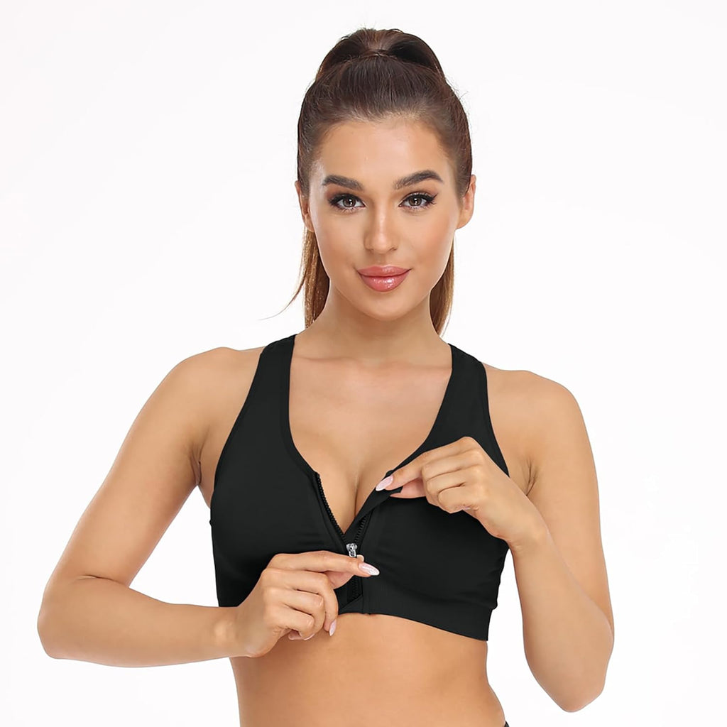 Skiennix Women's Zip Front Sports Bra - Wireless Post-Surgery Support for Yoga & Active Wear