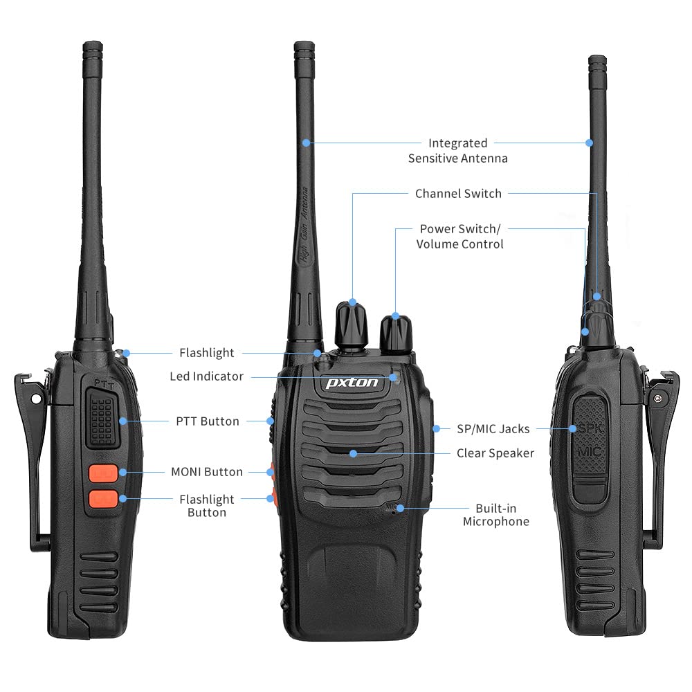 pxton walkie talkies for Adults Long Range with Upgraded Earpiece,radios walkie talkies Rechargeable Portable Two Way Radios with 6 Way Multi Gang Charger and Li-ion Battery (6 Pack)