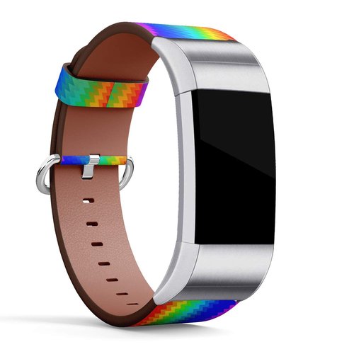 Compatible with Fitbit Charge 2 - Leather Wristband Bracelet Replacement Accessory Band (Includes Adapters) - Vertical Zigzag Chevron Rainbow
