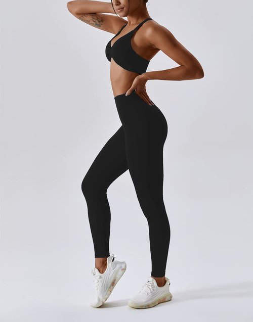 ABOCIW Workout Sets for Women V-Neck Twist Front Strappy Criss-Cross Back Sport Bra Tummy Conrol High Waist Leggings 2 Piece Exercise Gym Yoga Outfit Black Small