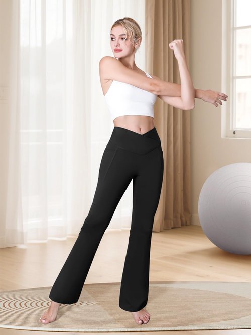 COPYLEAF Flare Leggings with Pockets for Women Seamless Crossover Yoga Pants with Tummy Control Bootcut Work Pants Trendy Black