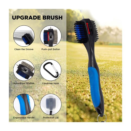 Lesunsul Golf Club Brushes, Golf Cleaning Tool, with Retractable Cleaning Nails, Nylon and Wire Bristles Oversize Double Brush Head with 2ft Retractable Zip-line Metal Buckle (Black Blue)