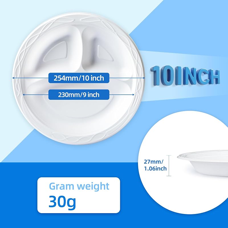 White 10 in 3-Compartment Plate (150-Pack) - Shrink Wrapped, No Pre-Wash, 3-Section