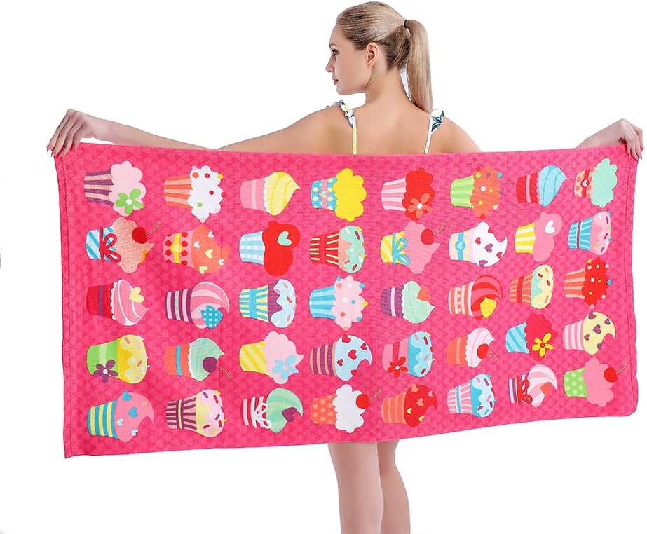 Skiennix Microfiber Beach Towel Set - Oversized Quick-Dry, Sand-Free Ice Cream Design | 30x60 Inch - Pink