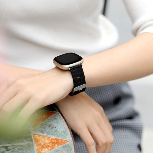 Maledan Compatible with Fitbit Versa 3 and Fitbit Sense 2 and Fitbit Versa 4 and Fitbit Sense Bands Men Women, Woven Fabric Replacement Band for Sense/Versa 3 Smartwatch, Small Black Charcoal Gray