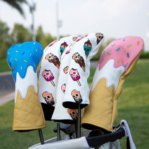 Golf Wood Head Covers Driver Cover 3 Wood Headcover Hybrid Head Covers Embroidery Ice Cream Skull Design Golf Club Headcovers Leather Hand-Made Wood Head Covers