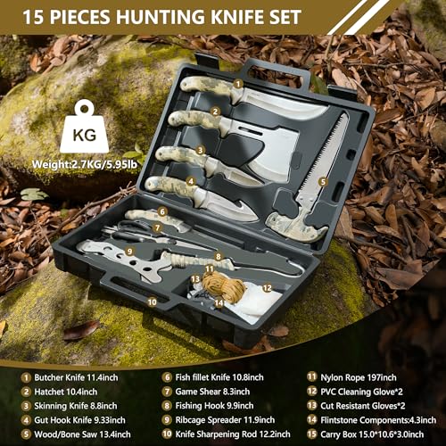 Jellas 15-Piece Hunting & Outdoor Gear Set with 4.6-Inch Fixed Blades and Portable Case