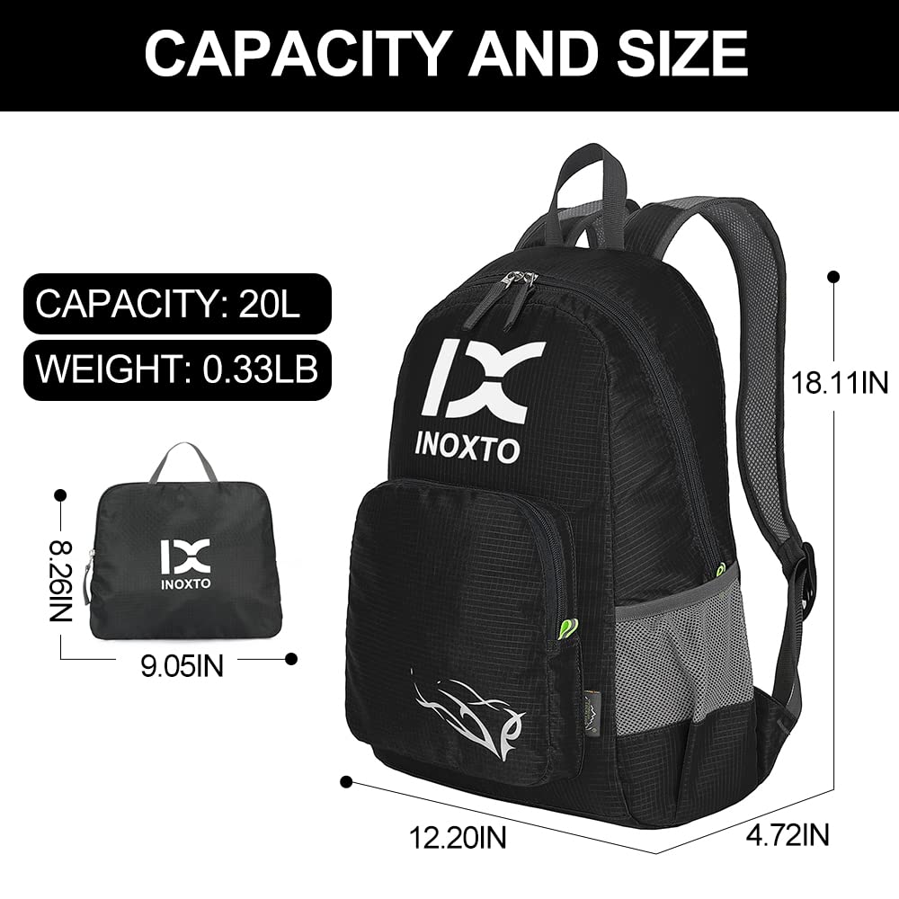 INOXTO 20L Lightweight Hiking Backpack Small Foldable Hiking Daypack for Outdoor Hiking Travel Camping (Black)