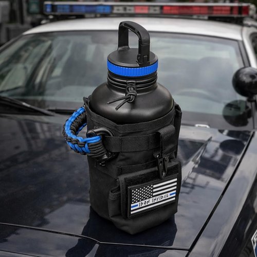 Iron Infidel Battle Pack - Accessories Kit for Battle Bottle - Water Bottle Cap Replacements for 64 Oz or 32 Oz | Wide Mouth Lid, Shoulder Strap, Paracord Handle, Morale Patch & Decal (Blue Line)