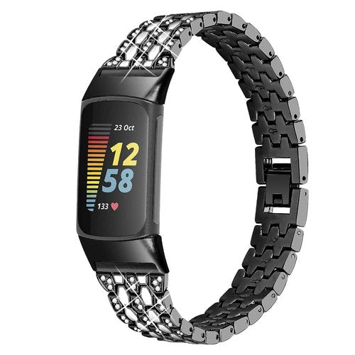 Bling Diamond Bracelet Compatible with Fitbit Charge 6/Charge 5,Bands Metal Classy Stainless Steel Wrist Bands Waterproof Strap for Fitbit Charge 5 Band (Black)