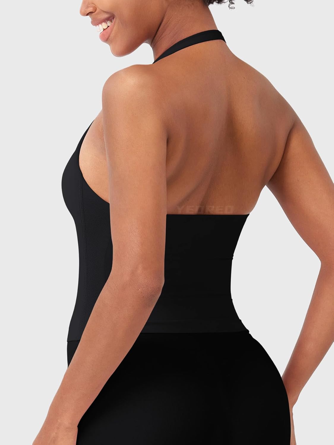 YEOREO SoftHue Women's Halter Tank Top - Backless Scoop Neck with Built-in Bra | Gym Crop Top