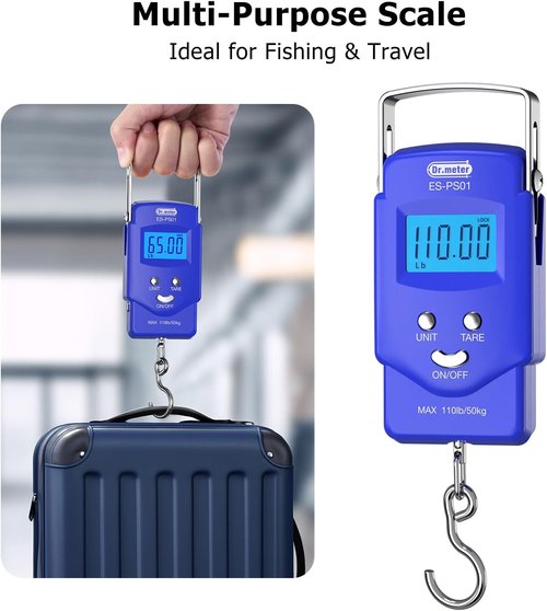 Dr.meter Fishing Scale - 110lb Digital Luggage Scale with Backlit LCD & Measuring Tape | Compact Size, Batteries Included