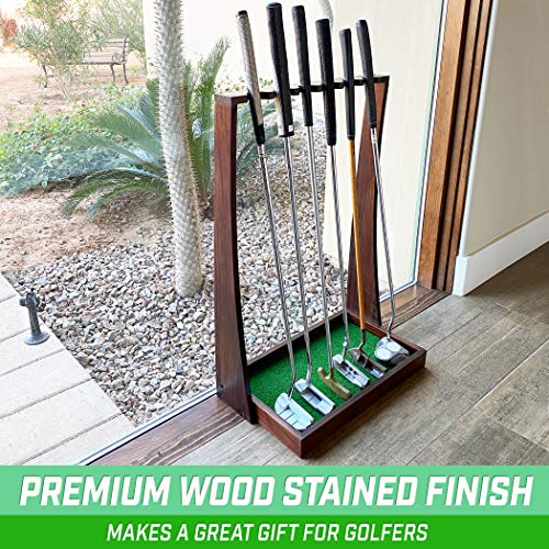 Brown Wooden Golf Putter Stand - Indoor Display Rack Holds 6 Clubs for Home & Office