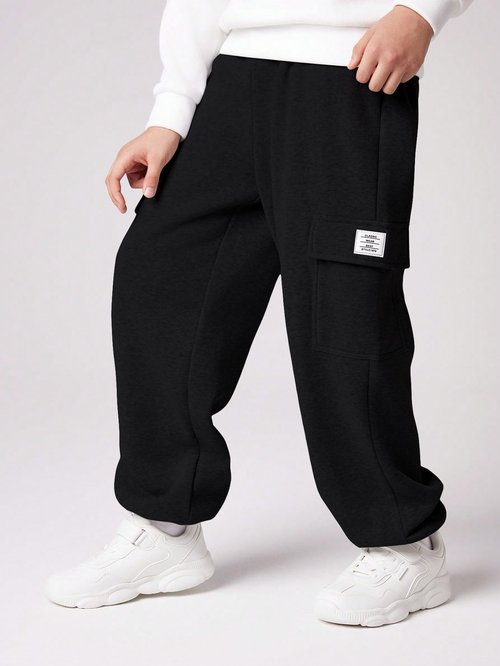 RoseSeek Boy's Wide Leg Cargo Pants Baggy Sweatpants Casual Sports Joggers Big Kids Long Trousers with Pockets Black 12 Years