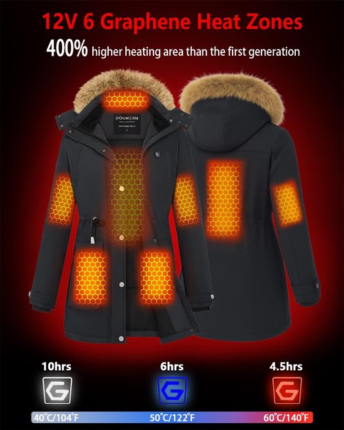 Graphene Heated Parka Jacket Women Rechargeable Battery Pack 18400 mAh Winter Warming Waterproof Electric Heating Coat with Detachable Hood, Black2025, XL, Mom Grandma Sister Wife Birthday Gift