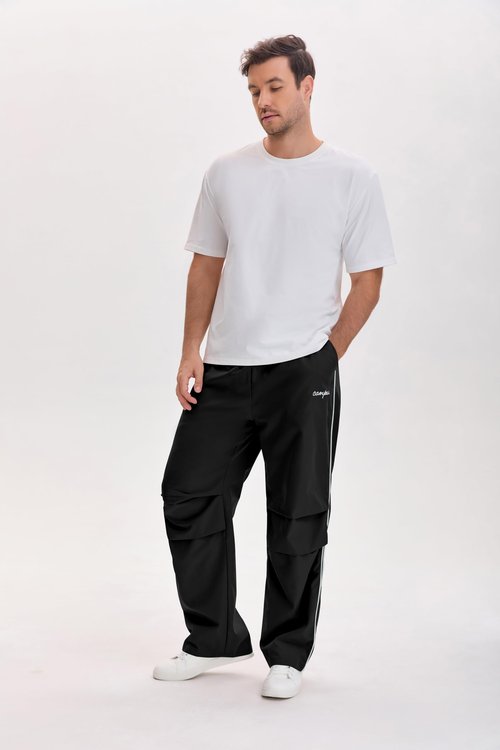 QJQ Men's Y2K Baggy Sweatpants Parachute Pants Wide Leg Trendy Track Pants Casual Streetwear Sportwear Medium Black