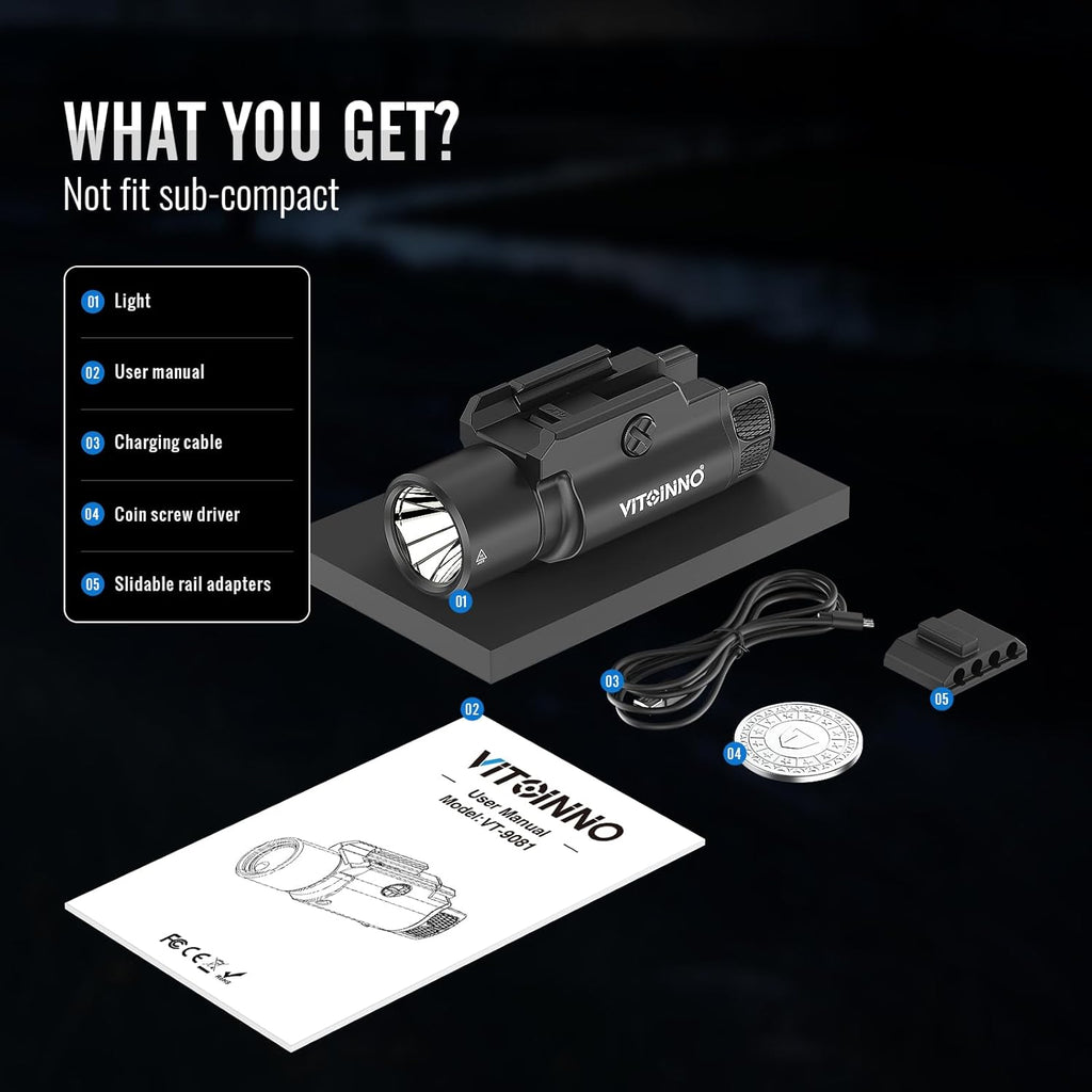 Skiennix 1750 Lumen Tactical Flashlight - Rechargeable Pistol Light with Strobe & Moonlight Mode