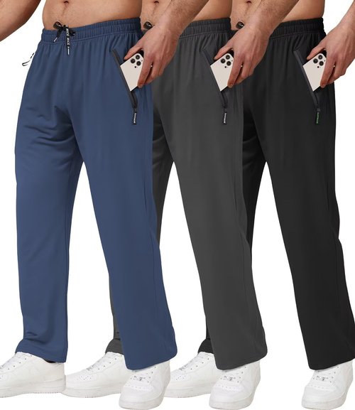 Lomsoe Men's Athletic Pants - Lightweight Workout Sweatpants with Zip Pockets | 3-Pack Gift Set