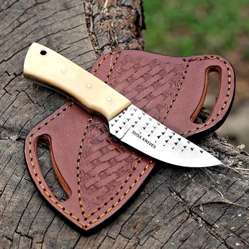 Handmade 7-Inch Fixed Blade Cow Boy Knife Damascus Steel with Camel Bone Handle & Leather Sheath - SUSA 116