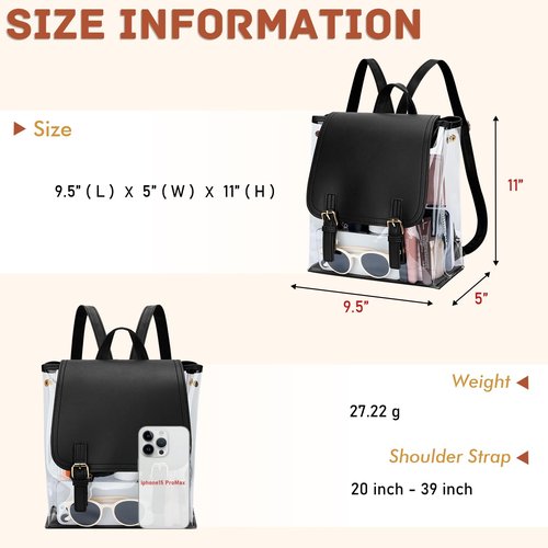 KKXIU Girls Clear Backpack Stadium Approved Transparent PVC Women Clear Bookbag with Leather for Sports Event, Concert (Black)