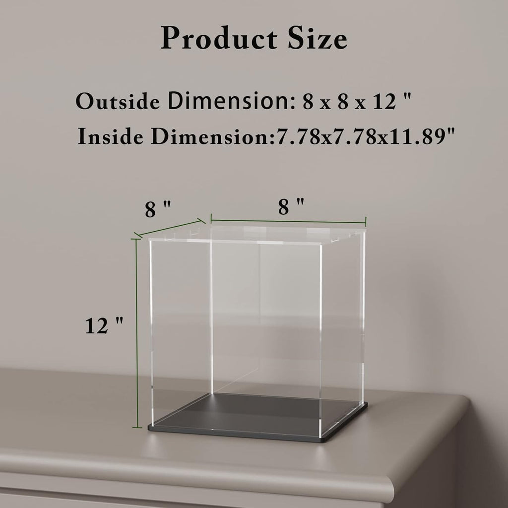 Skiennix Acrylic Display Case - Tall Dustproof Showcase with Matte Black Base | 8x8x12 Inch for Collectibles