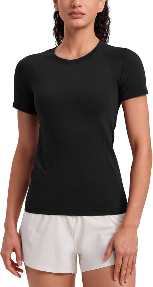CRZ YOGA Seamless Workout Tops for Women - Breathable Short Sleeve Athletic Tees | Hip Length Gym & Yoga