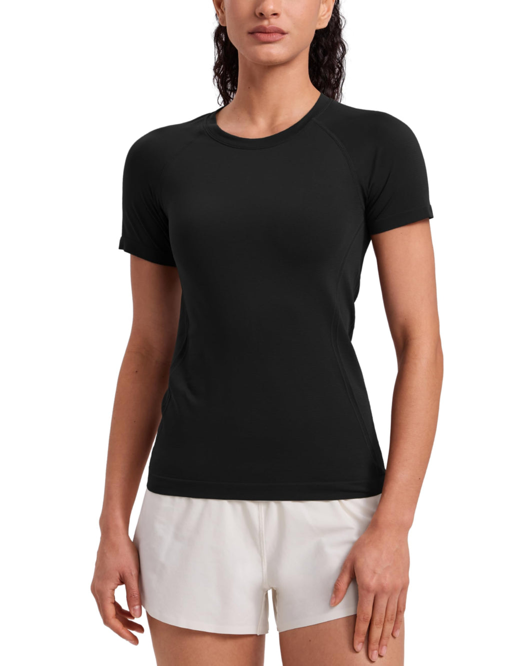 CRZ YOGA Seamless Workout Tops for Women Hip Length - Athletic Running Gym Yoga Short Sleeve Shirts Breathable Crewneck Tees Black X-Small