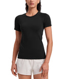 CRZ YOGA Seamless Workout Tops for Women Hip Length - Athletic Running Gym Yoga Short Sleeve Shirts Breathable Crewneck Tees Black X-Small