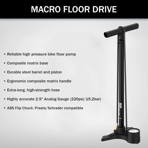 LEZYNE Macro Floor Drive Bicycle Pump - High Pressure 220 PSI with 2.5" Analog Gauge | Fits Presta/Schrader Valves