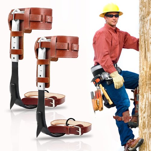 GothicBride Tree Climbing Spikes with Harness Belt, Adjustable Tree Climbing Gears with Cattle Hide Leggings Straps & Non-Slip Pedal for Outdoor Activities