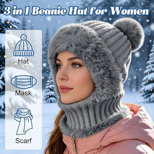 3-in-1 Women’s Winter Beanie Hat & Gloves Set, Knitted Beanie with Scarf Mask, Warm Fleece-Lined Ski Hat with Touchscreen Gloves Grey