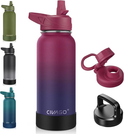 CIVAGO 32 oz Insulated Water Bottle - Stainless Steel Sports Flask with 3 Lids | Dark Rainbow