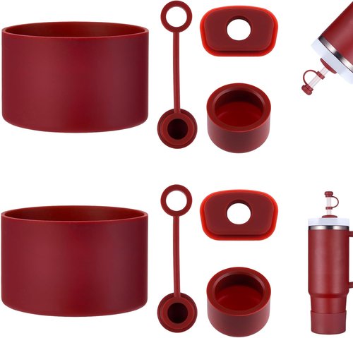 HYZ 8-Piece Silicone Accessories Set for Stanley Cup | Spill-Proof Stoppers & Protective Boot for H2.0 Tumblers - Cranberry