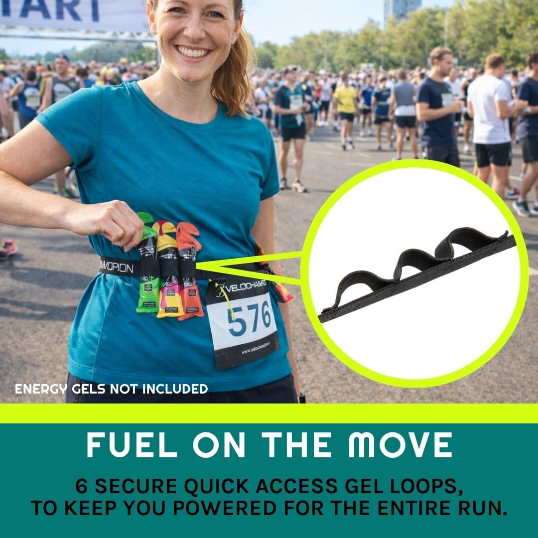VeloChampion Lightweight Running Belt | Elasticated Fit with 6 Energy Gel Loops - No Pins Needed