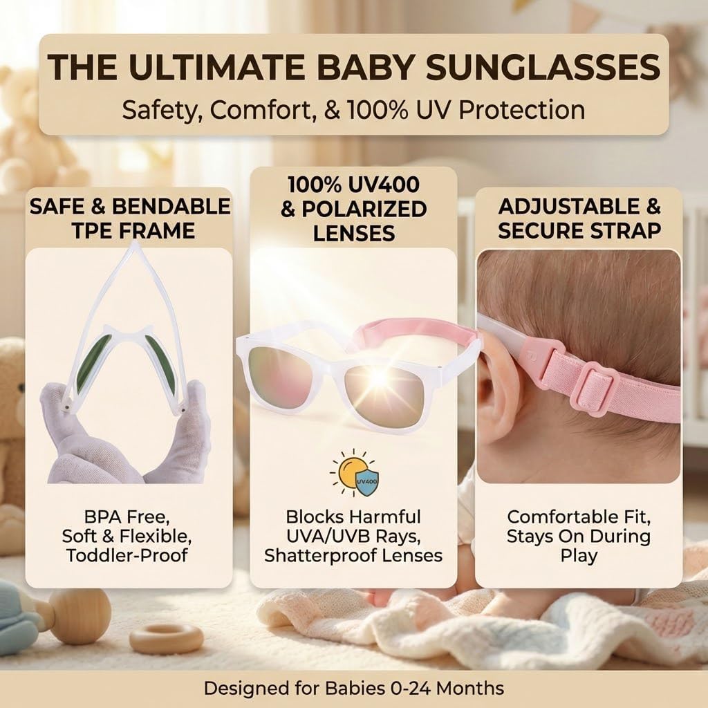 Polarized Baby Sunglasses - Unbreakable Infant Shades with Strap for Newborns & Toddlers 0-12 Months
