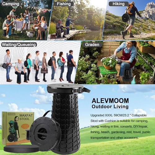 ALEVMOOM XXL Collapsible Telescoping Stool with Cushion & Bag - 23.2-inch Black Portable Seat for Camping & Travel