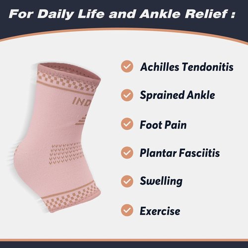 INDEEMAX Copper Ankle Brace - Compression Support Sleeve for Plantar Fasciitis | Medium Golden Pink