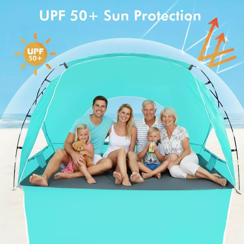 Beach Tent, Portable Sun Shelter for 2/3/4/6-8 Person with UPF 50+ UV Protection, Easy Setup Waterproof Beach Shade Canopy Cabana for Family Outdoor and Picnics, Fishing with Carrying Bag